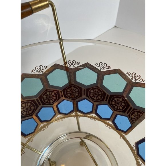 MCM Glass Salad Bowl With Wood & Metal Stand Aqua Blue & Gold Trim - Picture 6 of 12